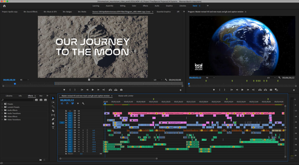 A view of a Premiere Pro timeline with many video and sound layers